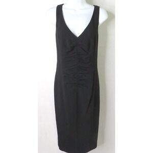 𝅺magaschoni Black 100% Wool Sleeveless Sheath Ruched Deep V-Neck MIDI Dress 6